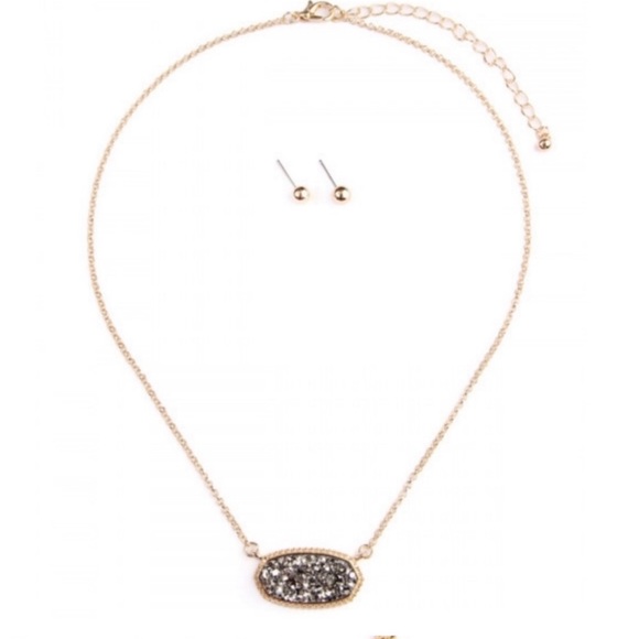 New Hematite Charcoal Druzy Stone Necklace Set - Picture 1 of 2